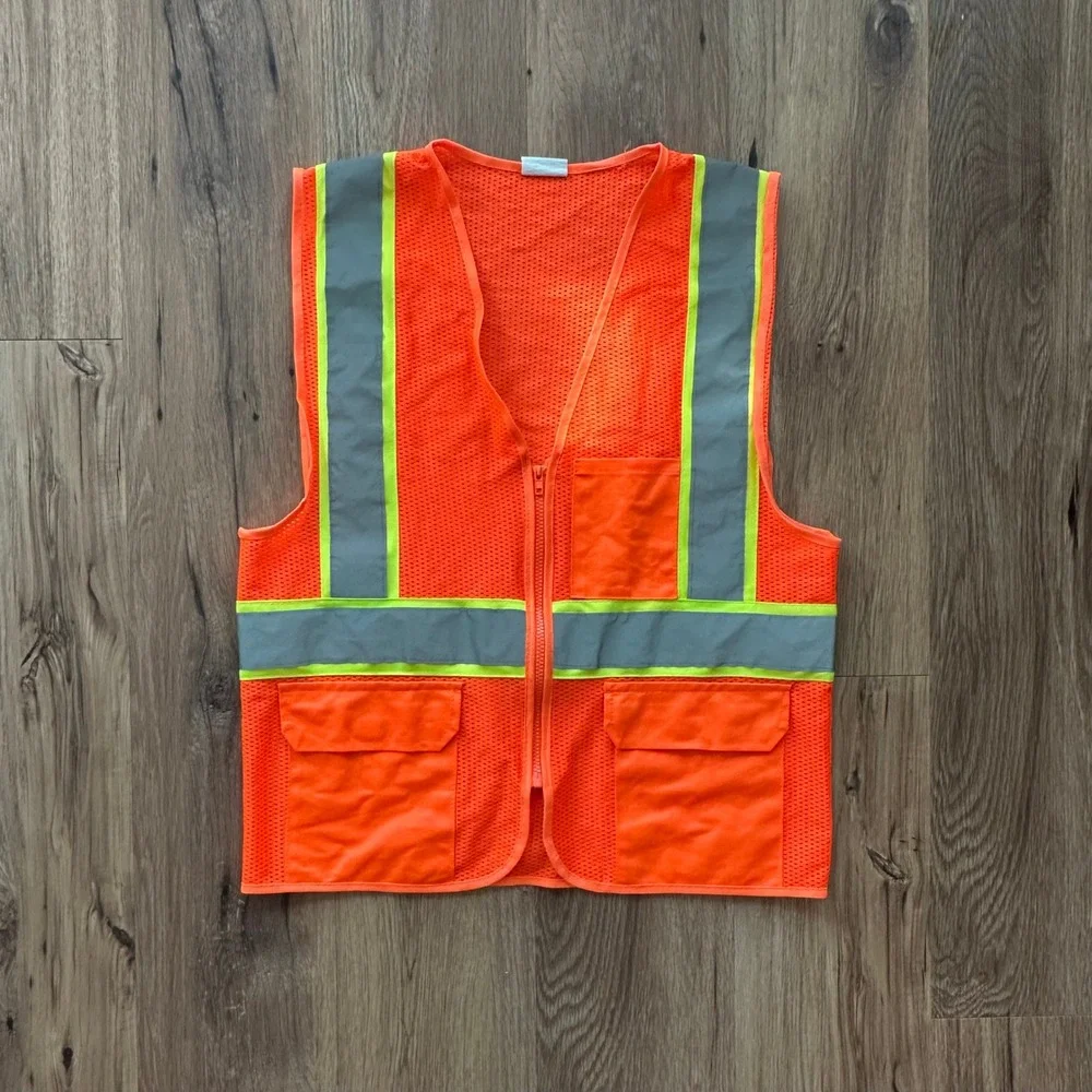 Hi-Vis Orange Mesh Safety Vest Reflective Striped Zipper Pockets EN 471 Large - Picture 2 of 5